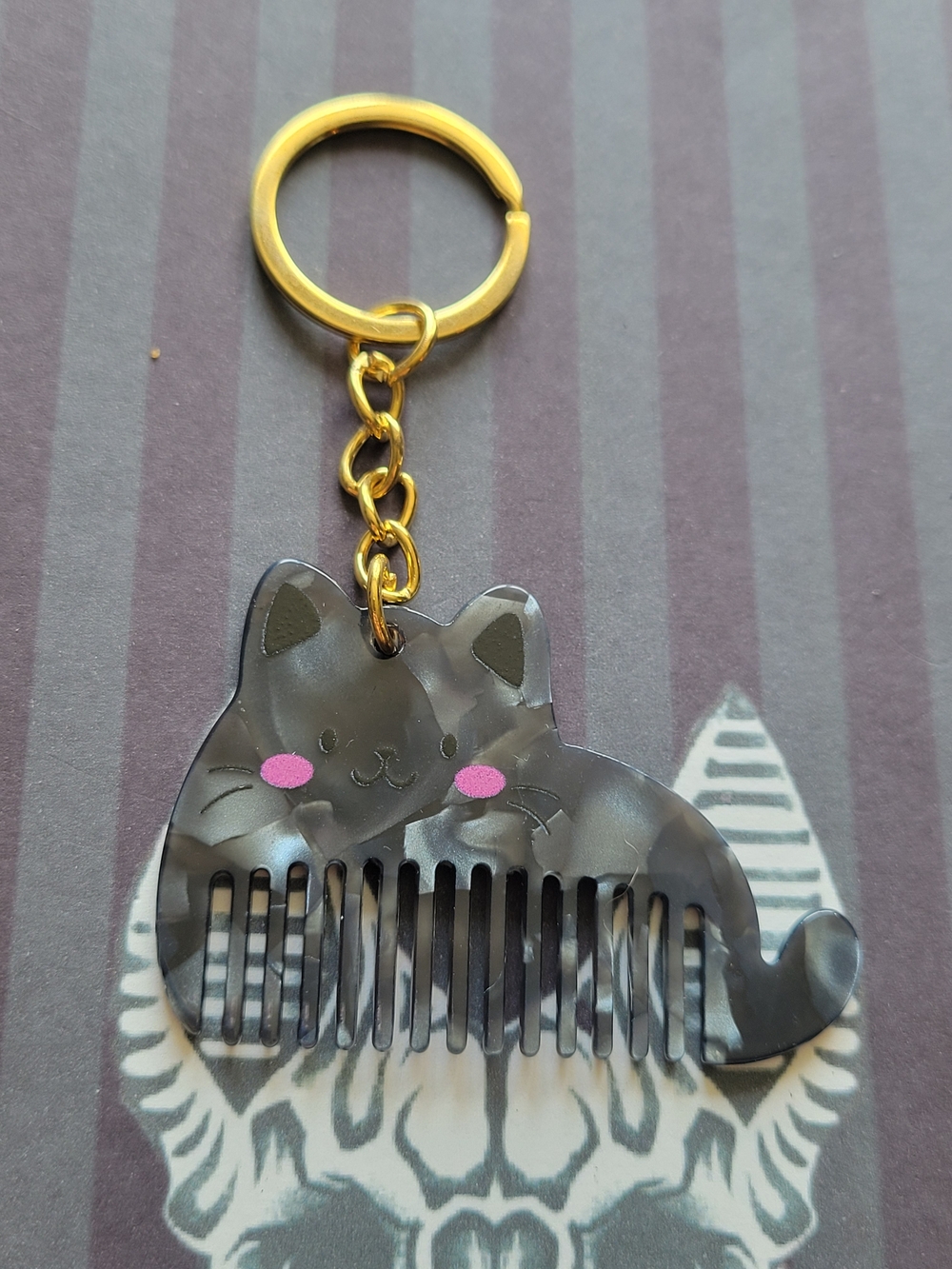 💀NEW💀Gold-Keyring Gray Cat Pocket Comb Keychain